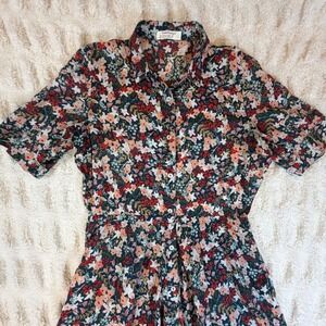 Meemoza Floral Shirt Dress Navy Multi Color Short Sleeve Button Front Canada L